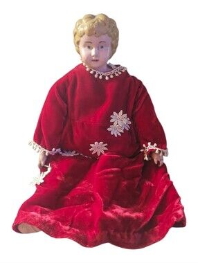 Antique 15" German Minerva Doll Tin Head Feet Hands Red Velvet Dress Cloth Body